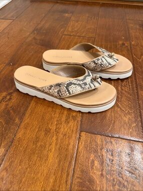 Donald J. Pliner Snake-Print Tan and White Platform Thong Sandals